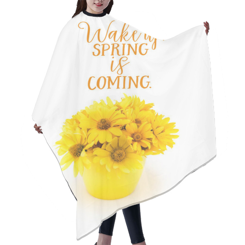 Personality  Top View Of Beautiful Chrysanthemum Flowers And WAKE UP. SPRING IS COMING Lettering Isolated On White Hair Cutting Cape