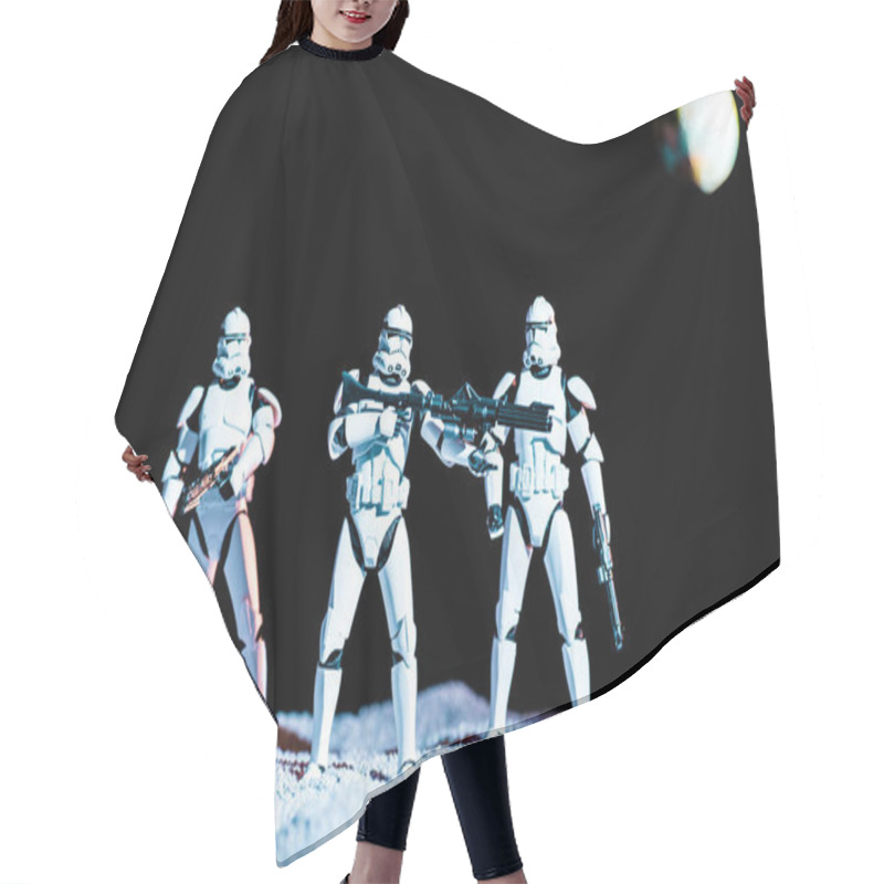 Personality  Toy White Imperial Stormtroopers With Guns On Black Background With Planet Earth Hair Cutting Cape