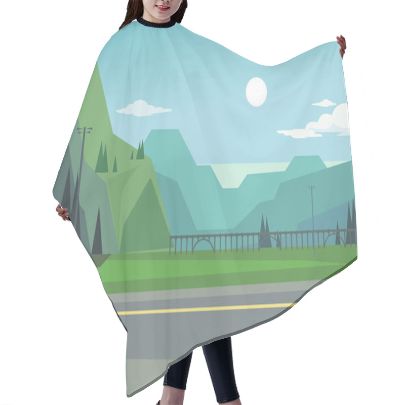 Personality  Green Landscape With Hills And Trees. Asphalt Among Nature. Vector Flat Cartoon Illustration Hair Cutting Cape