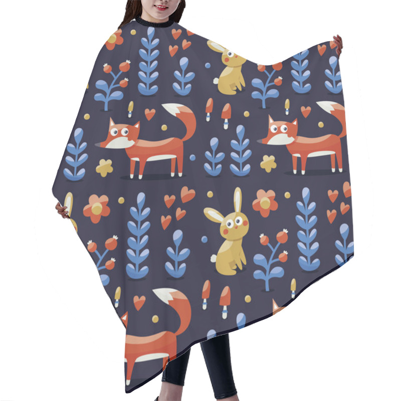 Personality  Seamless Cute Pattern Made With Fox, Rabbit, Hare, Flowers, Animals, Plants, Mushrooms, Hearts For Kids Hair Cutting Cape