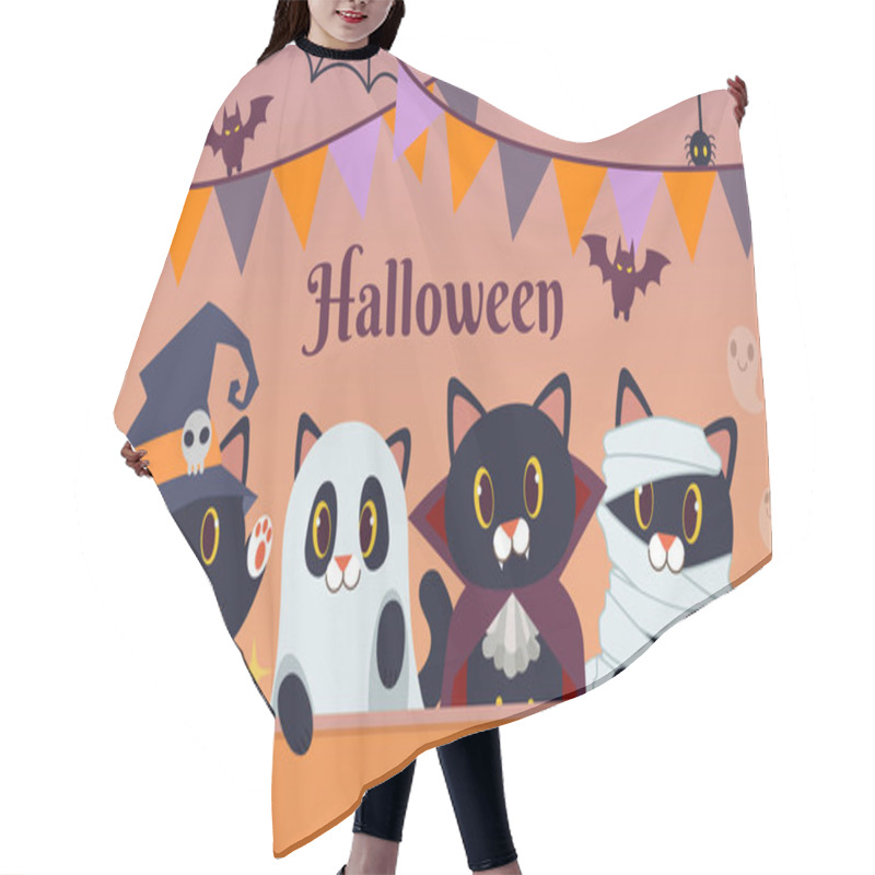 Personality  The Halloween Party For Friend Group Of Black Cat Wear Fantasy Costume. The Black Cat As Witch And Big Hat With Skull. And As White Ghost And As Vampire.The Cat As Mummy. In Flat Vector Style Hair Cutting Cape