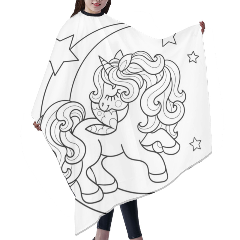 Personality  Cartoon Unicorn Is Jumping On The Moon With Stars. Black And White Line Drawing. For Children's Design Of Coloring Books, Prints, Posters, Stickers, Cards, Puzzles And So On. Vector Hair Cutting Cape