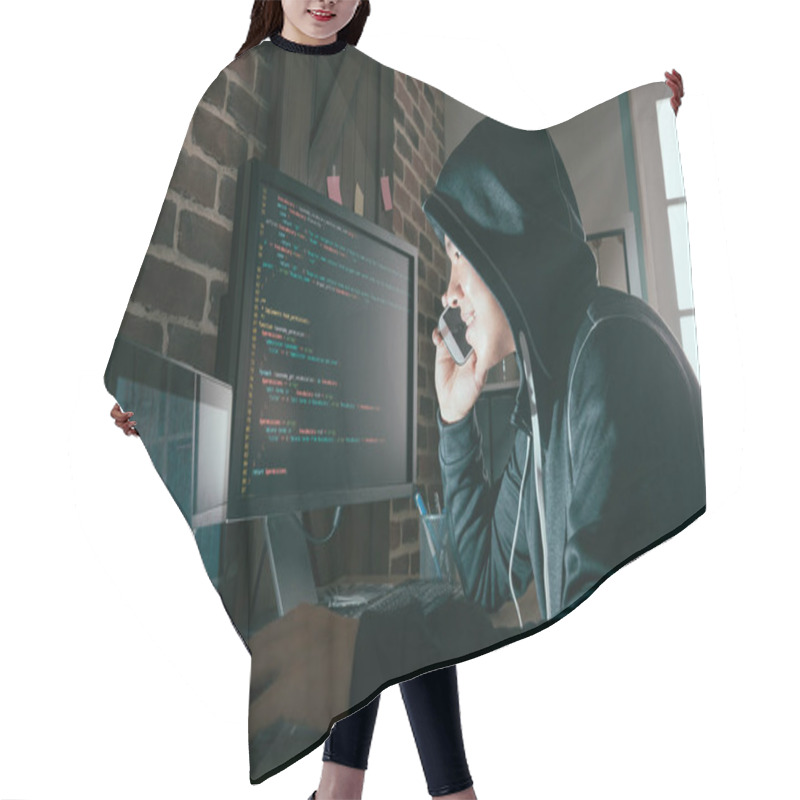 Personality  Hacker Using Mobile Smartphone Calling For Victim Hair Cutting Cape