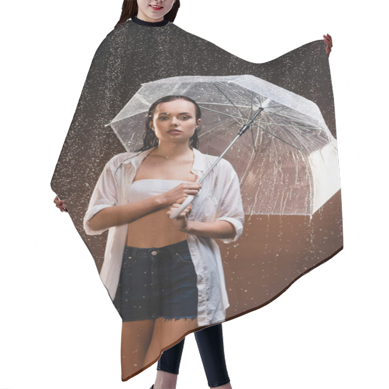 Personality  Sensual, Wet Woman Looking At Camera While Standing With Umbrella Under Rain On Dark Background Hair Cutting Cape