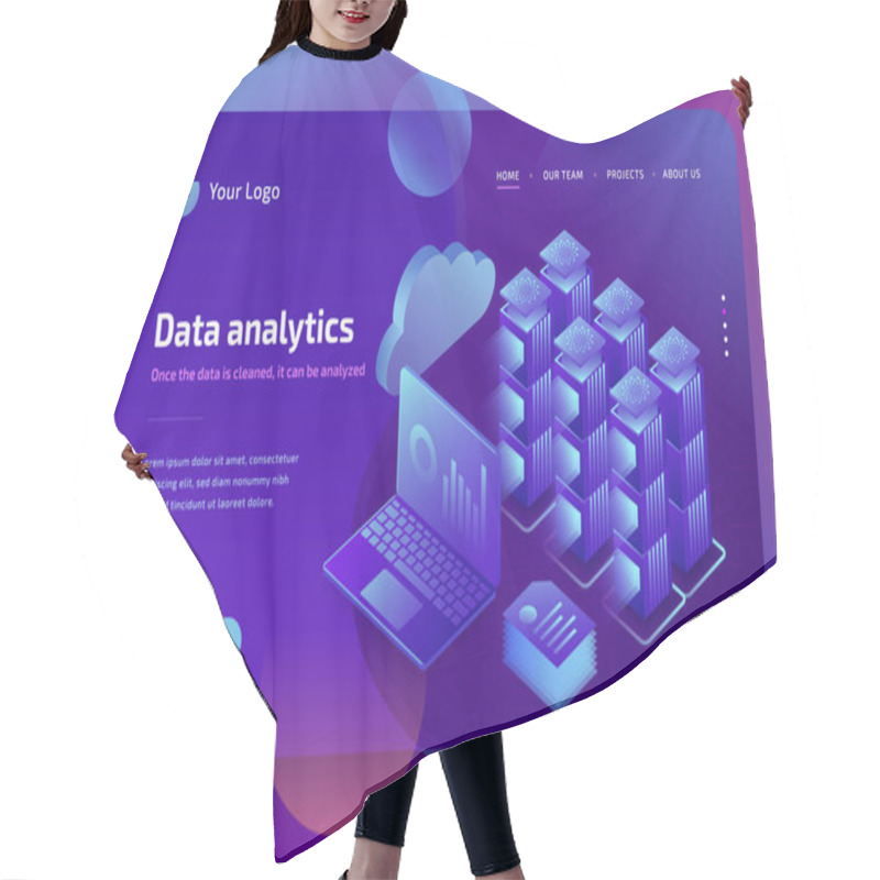 Personality  Concept Business Analytics Of Data Financial Graphs Or Diagrams, Landing Page Template. Financial Review With Laptop. 3d Isometric Illustration. Hair Cutting Cape