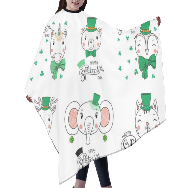 Personality  Set Of Hand Drawn Cute Funny Animals In Leprechaun Top Hats With Text Happy Saint Patricks Day, Vector, Illustration Hair Cutting Cape