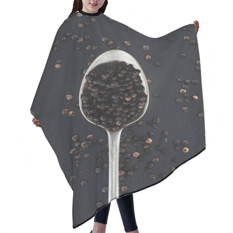 Personality  Top View Of Black Pepper In Silver Spoon On Black Background Hair Cutting Cape