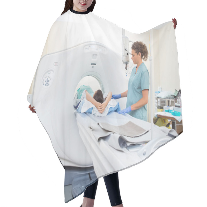 Personality  Nurse Preparing Patient For CT Scan Hair Cutting Cape