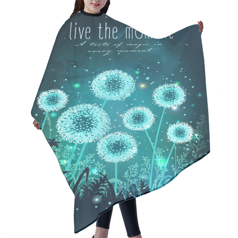 Personality  Amazing Dandelions With Magical Lights Of Fireflies At Night Sky Background. Unusual Vector Illustration. Inspiration Card For Wedding, Date, Birthday, Holiday Or Garden Party  Hair Cutting Cape