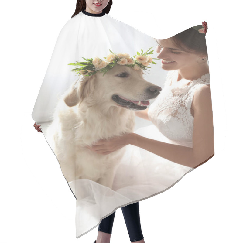 Personality  Bride And Adorable Golden Retriever Wearing Wreath Made Of Beautiful Flowers Indoors Hair Cutting Cape