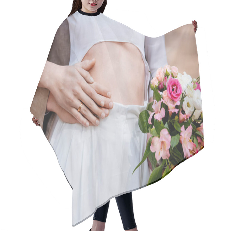 Personality  Cropped View Of Bridegroom Embracing Bride With Wedding Bouquet Hair Cutting Cape