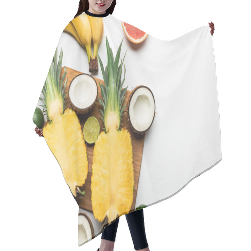 Personality  Top View Of Cut And Whole Exotic Fruits On Wooden Chopping Board On White Background Hair Cutting Cape