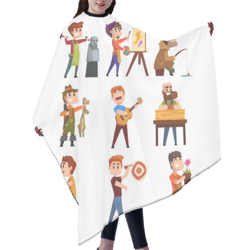 Personality  People Hobby Set. Cartoon Male Characters. Sculpturing, Painting, Fishing, Hunting, Playing Guitar, Gardening, Playing Darts. Flat Vector On White. Hair Cutting Cape