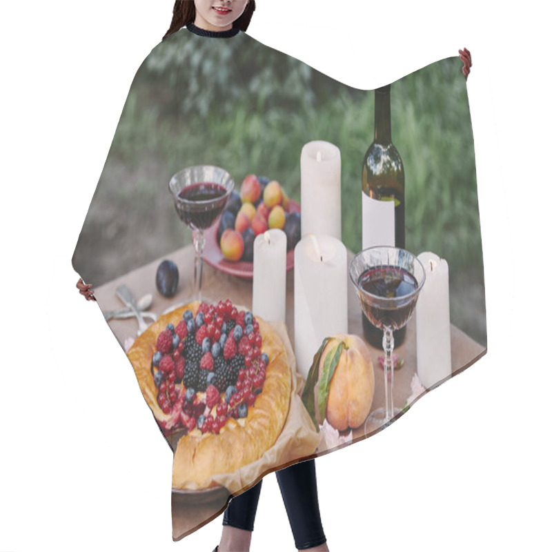 Personality  Tasty Appetizing Berries Pie And Candles On Table In Garden Hair Cutting Cape