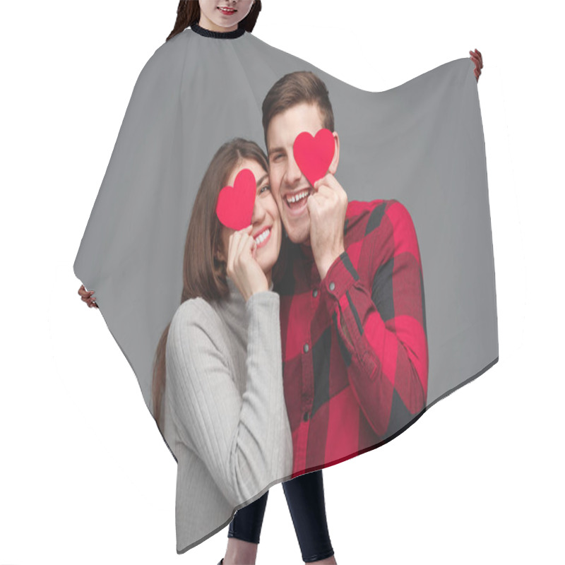 Personality  Happy Couple With Hearts Near Eyes Hair Cutting Cape