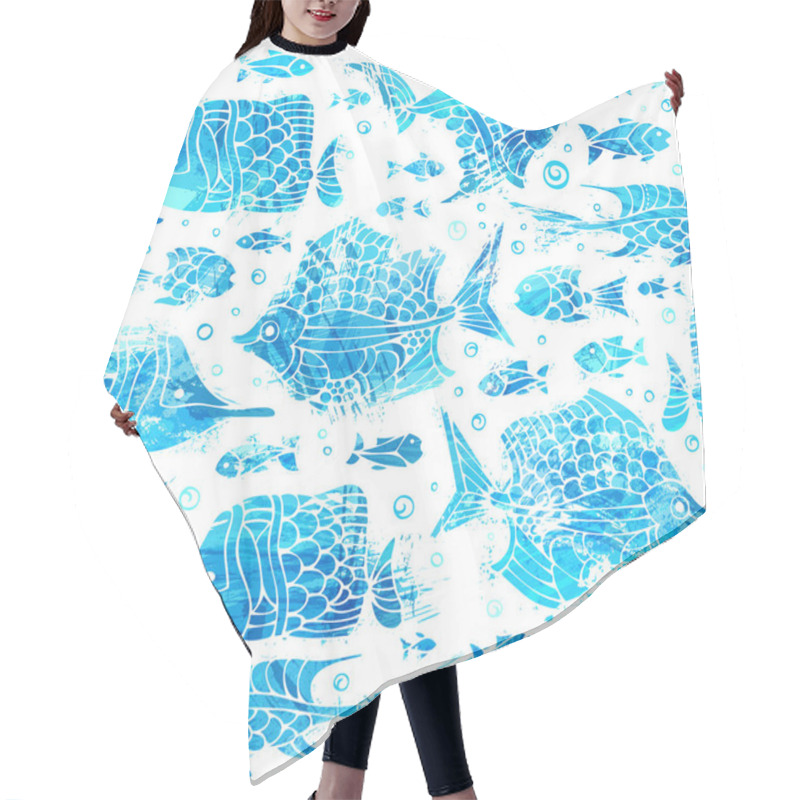 Personality  Vector Blue Watercolour Seamless Fish Pattern. Hair Cutting Cape