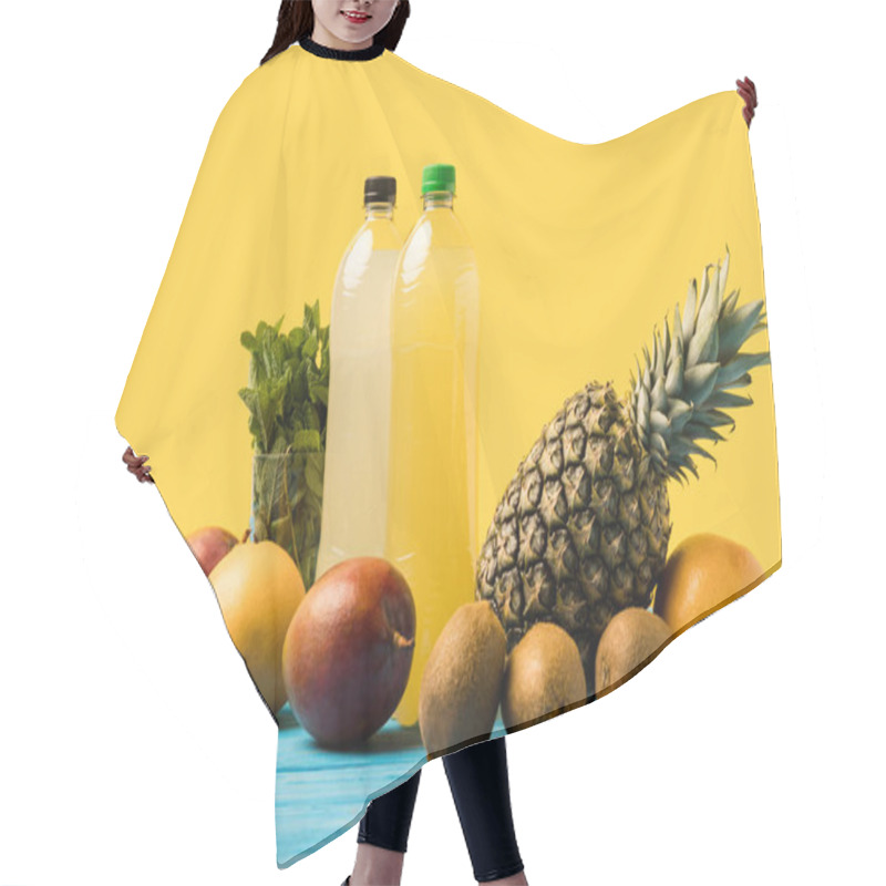 Personality  Fruity Drinks In Plastic Bottles And Fresh Ripe Tropical Fruits On Turquoise Wooden Table Top Hair Cutting Cape