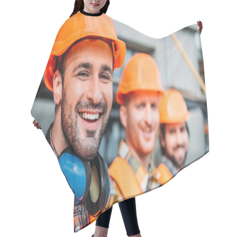 Personality  Close-up Shot Of Group Of Equipped Builders Looking At Camera At Construction Site Hair Cutting Cape