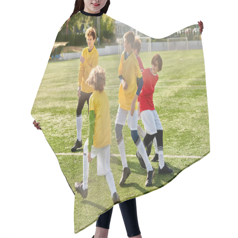 Personality  A Group Of Young Children Enthusiastically Playing A Game Of Soccer. Dressed In Colorful Jerseys, They Dribble The Ball, Pass, And Shoot Towards The Goal, Showcasing Their Teamwork And Skills On The Field. Hair Cutting Cape