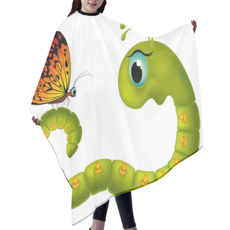 Personality  Cartoony Green Goggle-eyed Caterpillar Looking At A Butterfly On A White Background. Hair Cutting Cape