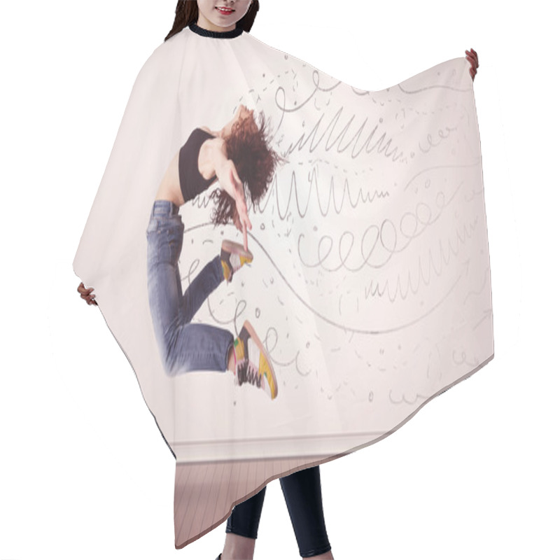 Personality  Pretty Woman Jumping With Hand Drawn Lines And Arrows Come Out Hair Cutting Cape