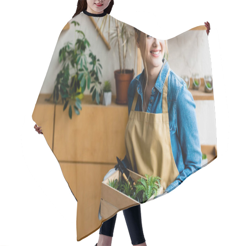 Personality  Young Happy Woman In Gloves Holding Wooden Box With Green Plants And Gardening Tools  Hair Cutting Cape