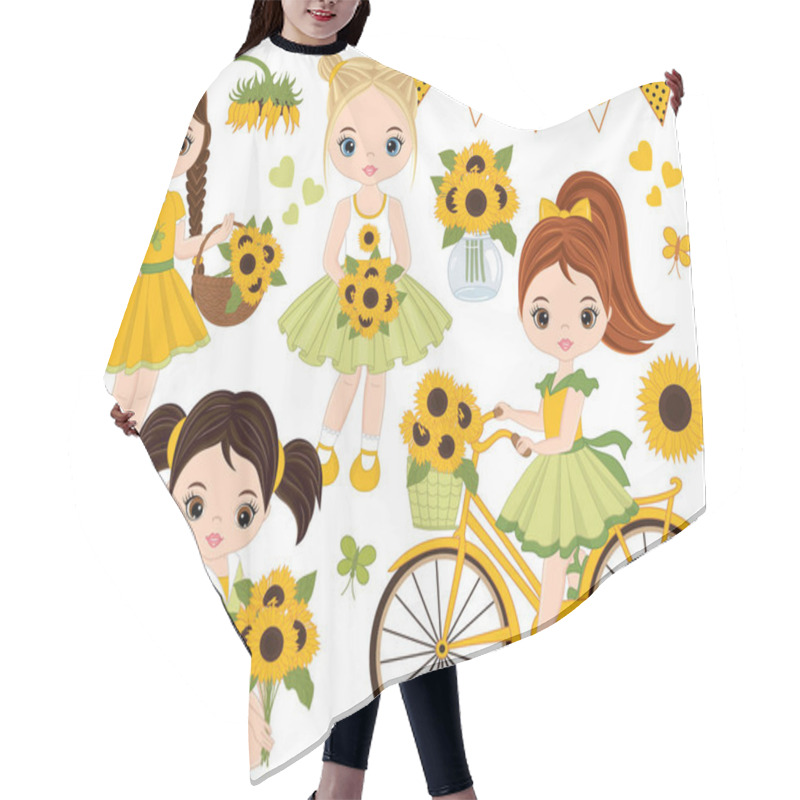 Personality  Vector Set With Cute Little Girls, Bicycle With Basket And Sunflowers Hair Cutting Cape