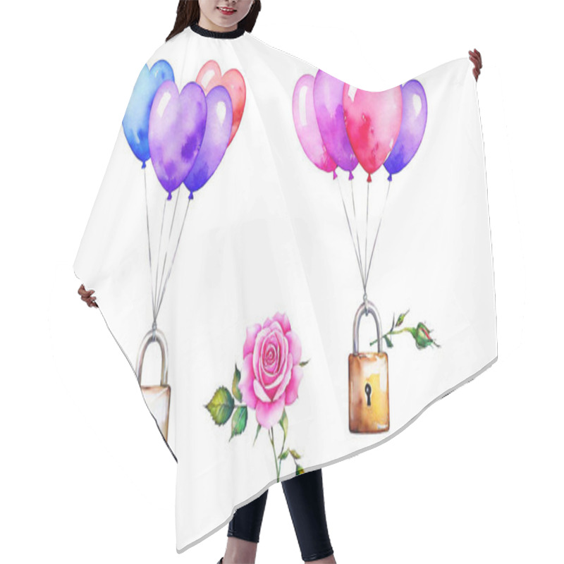 Personality  Watercolor Wash Heart-shaped Balloons, Love Locks, And Roses On A White Background. Hair Cutting Cape