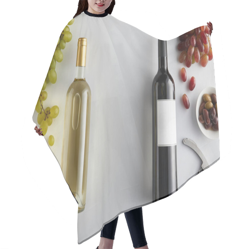 Personality  Top View Of Bottles With White And Red Wine Near Grape, Corkscrew, Olives And Sliced Prosciutto On Baguette On White Background Hair Cutting Cape