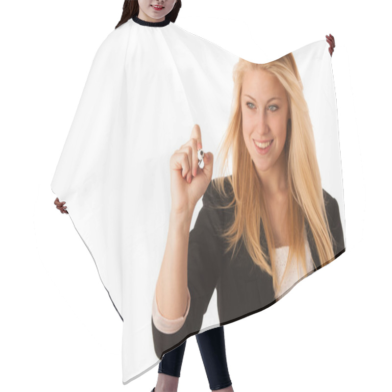 Personality  Young Blonde Business Woman With Blue Eyes, Writes On A Glass Ta Hair Cutting Cape