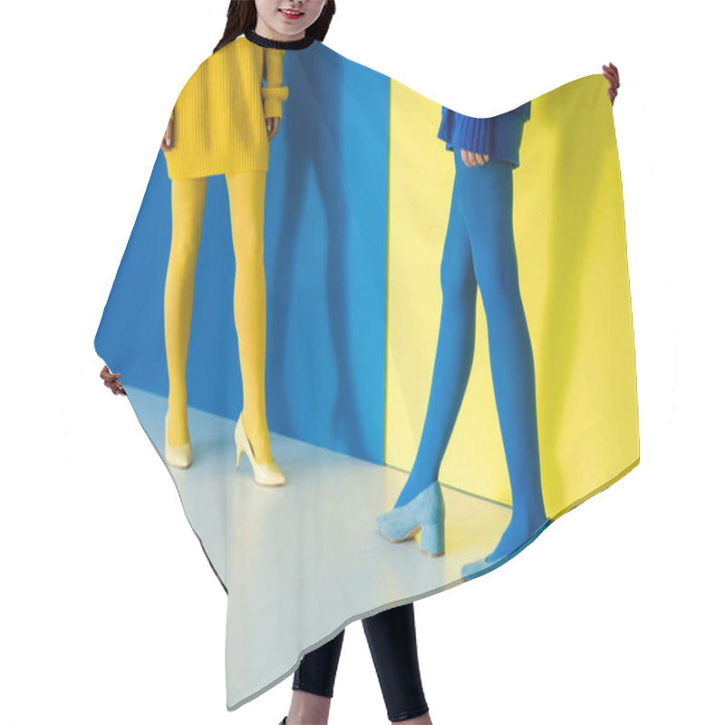 Personality  Cropped View Of Girls In Contrasting Outfits Posing On Blue And Yellow Background Hair Cutting Cape