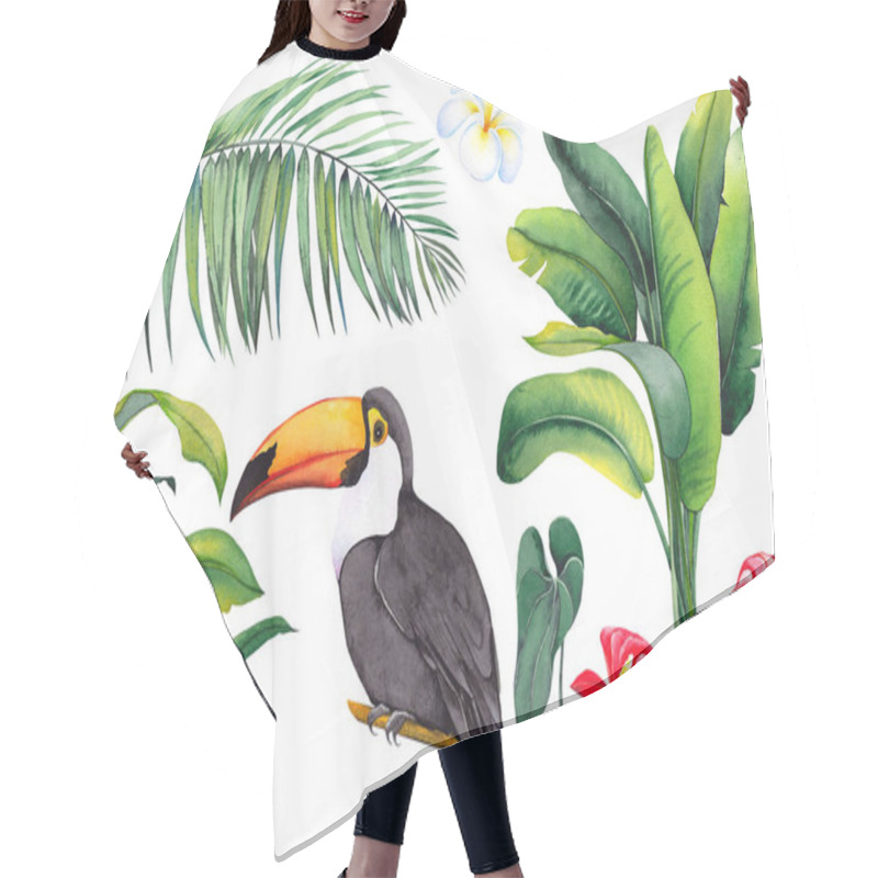 Personality  Tropical Set With Toucan Bird, Banana Leaves, Palm, Exotic Anthurium Flowers And Plumeria Frangipani Flower. Watercolor On White Background. Isolated Elements For Design. Hair Cutting Cape