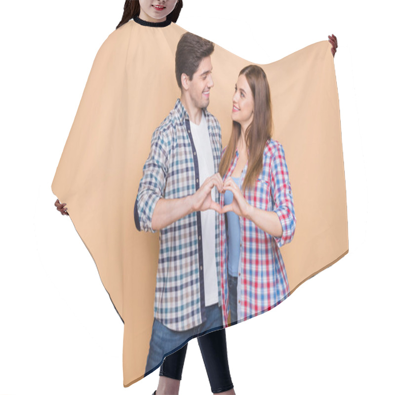 Personality  Portrait Of His He Her She Nice Attractive Lovely Tender Sweet Gentle Cheerful Couple Wearing Checked Shirt Showing Heart Figure Honey Moon Isolated Over Beige Pastel Color Background Hair Cutting Cape