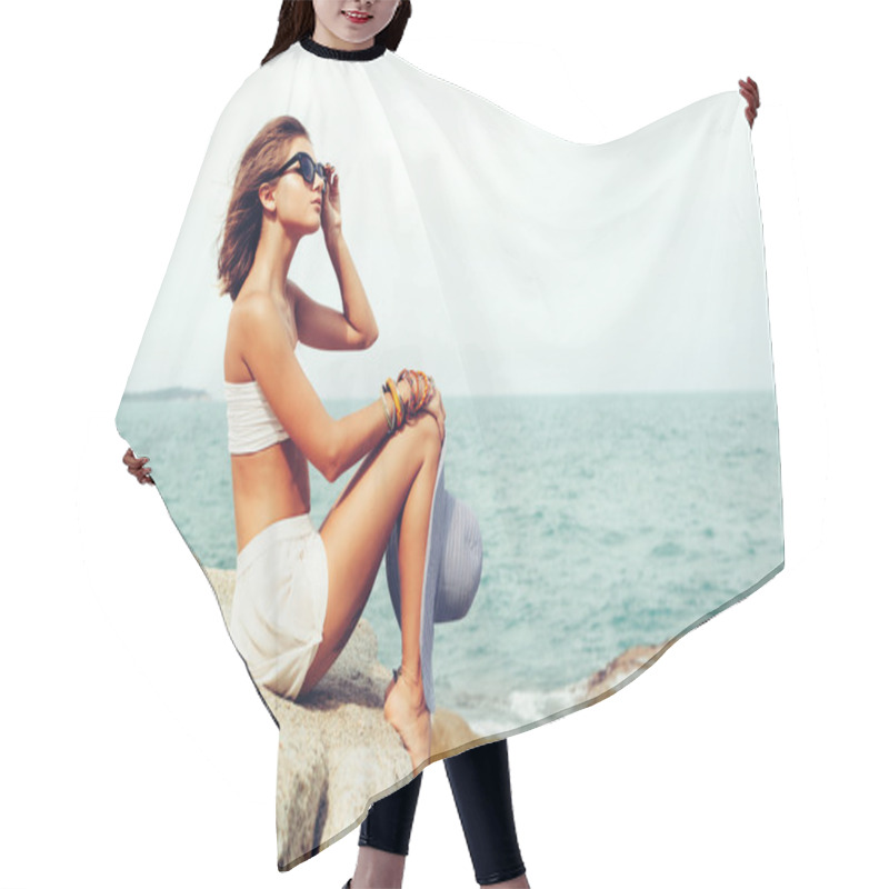 Personality  Summer Fashion Woman Posing On Ocean Seashore Hair Cutting Cape