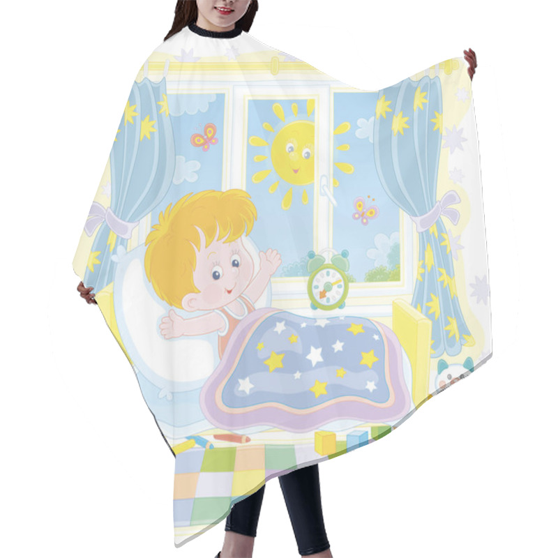 Personality  Little Boy Friendly Smiling, Waking Up And Stretching Himself After Sleep In His Small Bed In A Nursery Room With Colorful Toys On A Bright Sunny Morning, Isolated Vector Cartoon Illustration Hair Cutting Cape