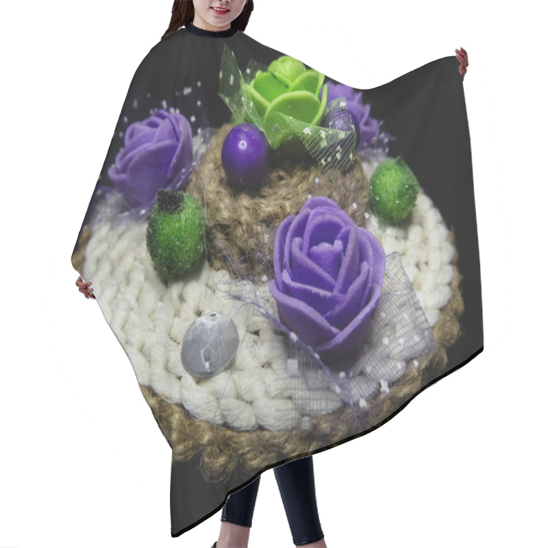 Personality  Artistic Handcrafted Decoration Featuring Intricate Purple Roses, Vibrant Green Succulents, And Textured Details, Offering A Charming And Rustic Vibe Suitable For Home Decor And Creative Display Purposes. Hair Cutting Cape