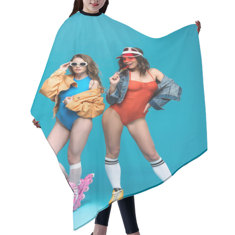 Personality  Full Length View Of Two Stylish Girls In Roller Skates With Watermelon Lollipop On Blue Hair Cutting Cape