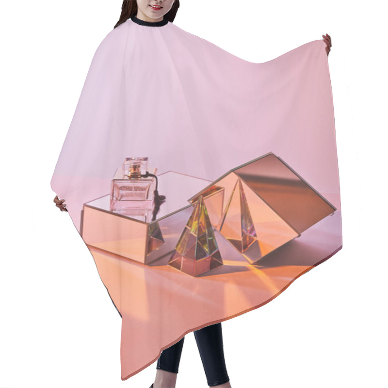 Personality  Crystal Transparent Pyramid Near Perfume Bottle And Mirror Cubes On Pink Background Hair Cutting Cape