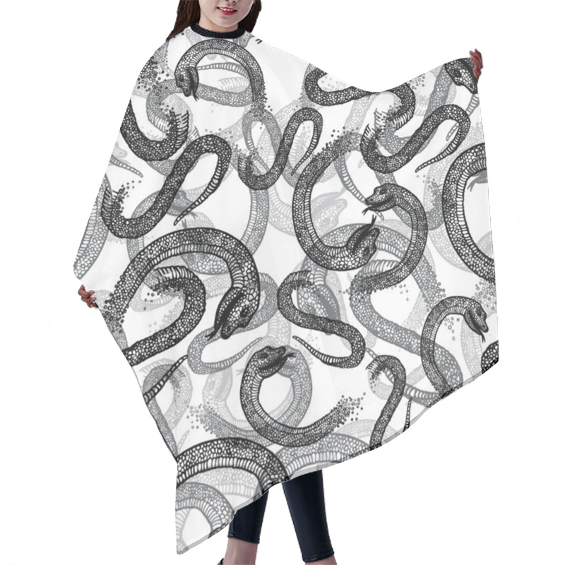 Personality  Vector Seamless Hand Drawn Pattern With Black Snakes On White Background. Hair Cutting Cape