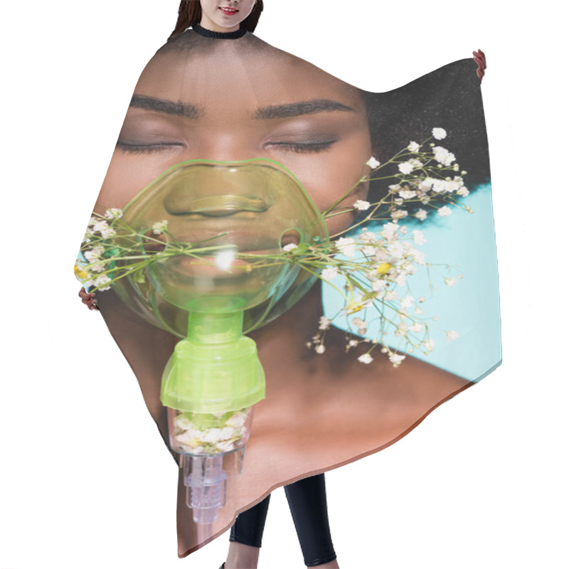 Personality  African American Young Woman With Flowers In Inhaler Isolated On Blue Background Hair Cutting Cape