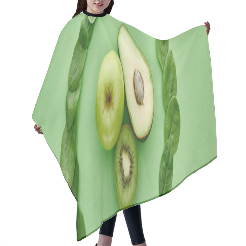 Personality  Panoramic Shot Of Green Kiwi, Apple, Greenery And Avocado Hair Cutting Cape