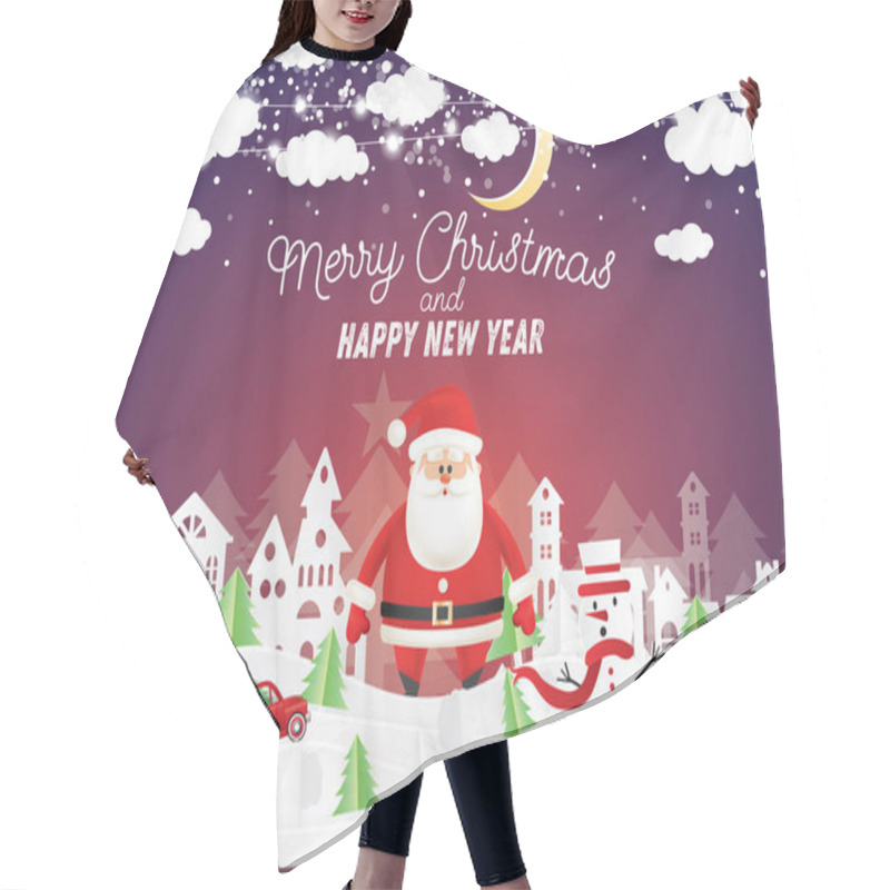 Personality  Santa Claus And Snowman In Christmas Village In Paper Cut Style. Red Truck Carry Christmas Tree. Winter Landscape With Moon And Clouds. Vector Illustration. Merry Christmas And Happy New Year. Hair Cutting Cape