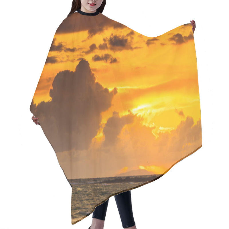 Personality  Sunset Over Sea Surface, Dark Clouds. Hair Cutting Cape