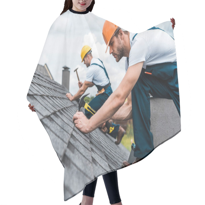 Personality  Selective Focus Of Handsome Handyman Repairing Roof With Coworker  Hair Cutting Cape