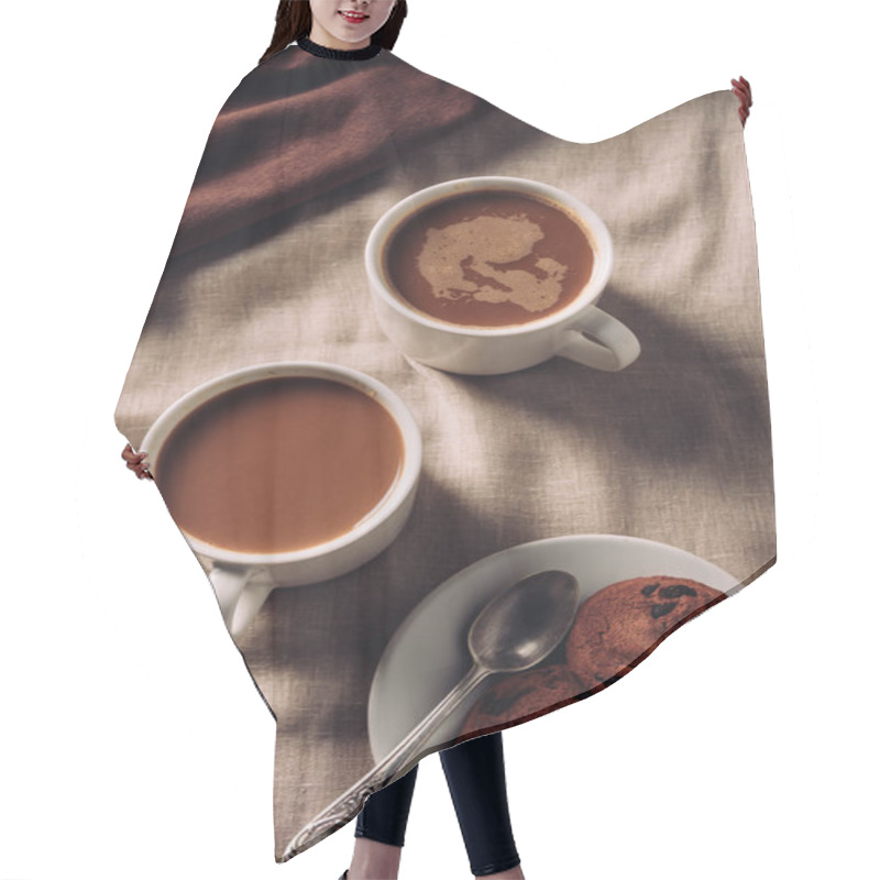 Personality  Top View Of Cups Of Coffee With Chocolate Chip Cookies On Beige Cloth Hair Cutting Cape