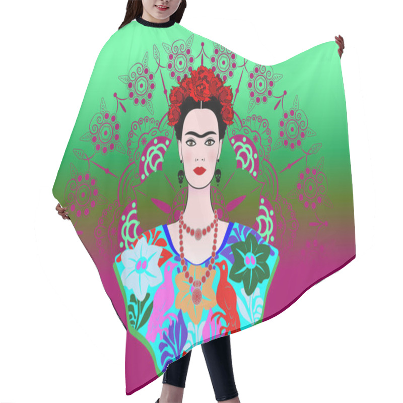 Personality  Frida Kahlo Vector Portrait , Young Beautiful Mexican Woman With A Traditional Hairstyle. Crown Of Red Flowers, Mexican Crafts Jewelry And Dress, Vector Decorated Mandala Background  Hair Cutting Cape