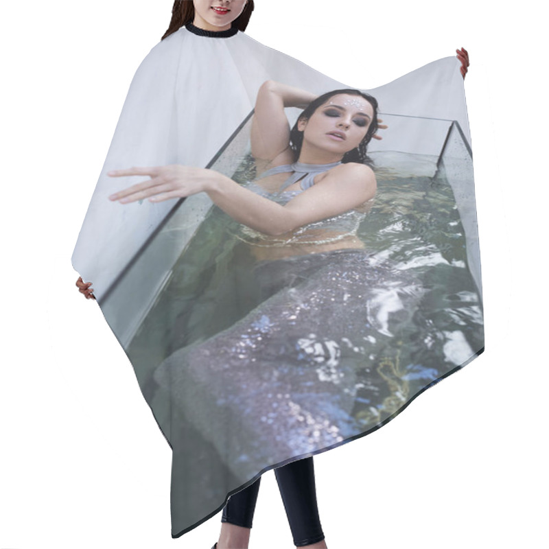 Personality  A Young Woman With Dark Hair And A Shimmering Tail Floats In An Aquarium, Dreaming Of The Sea. Hair Cutting Cape