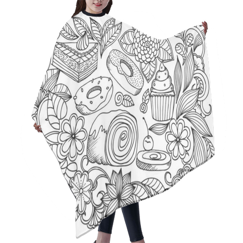 Personality  Doodle Drawing Of Sweets And Flowers. Vector Image Of A Very Tas Hair Cutting Cape