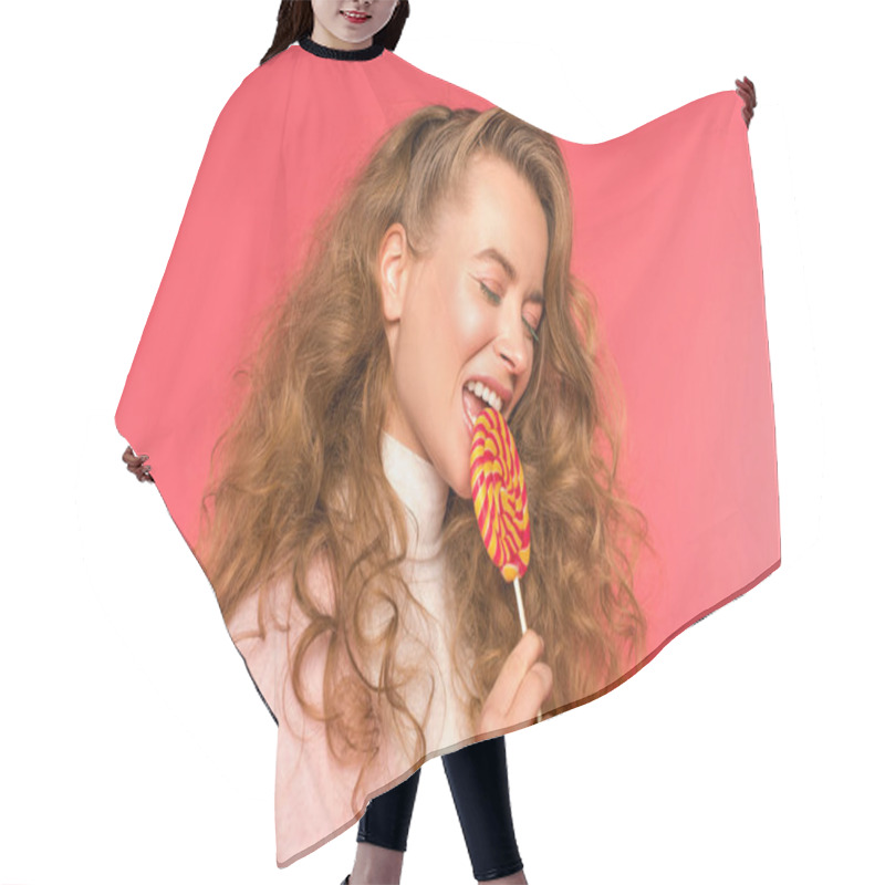 Personality  Attractive Girl Biting Round Lollipop Isolated On Red Hair Cutting Cape