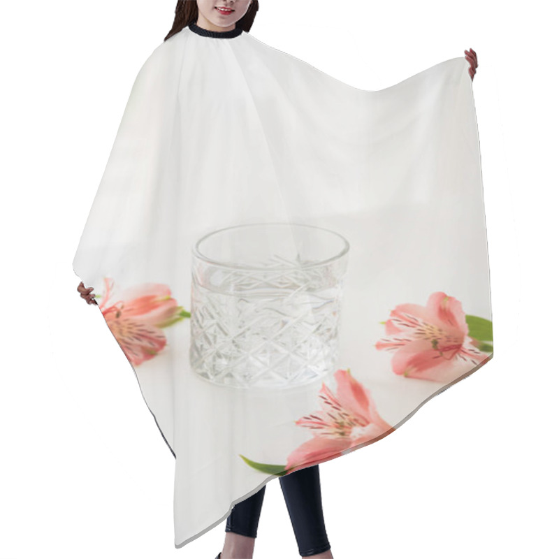 Personality  Transparent Glass With Fresh Water Near Pink Alstroemeria Flowers On White Background With Copy Space Hair Cutting Cape